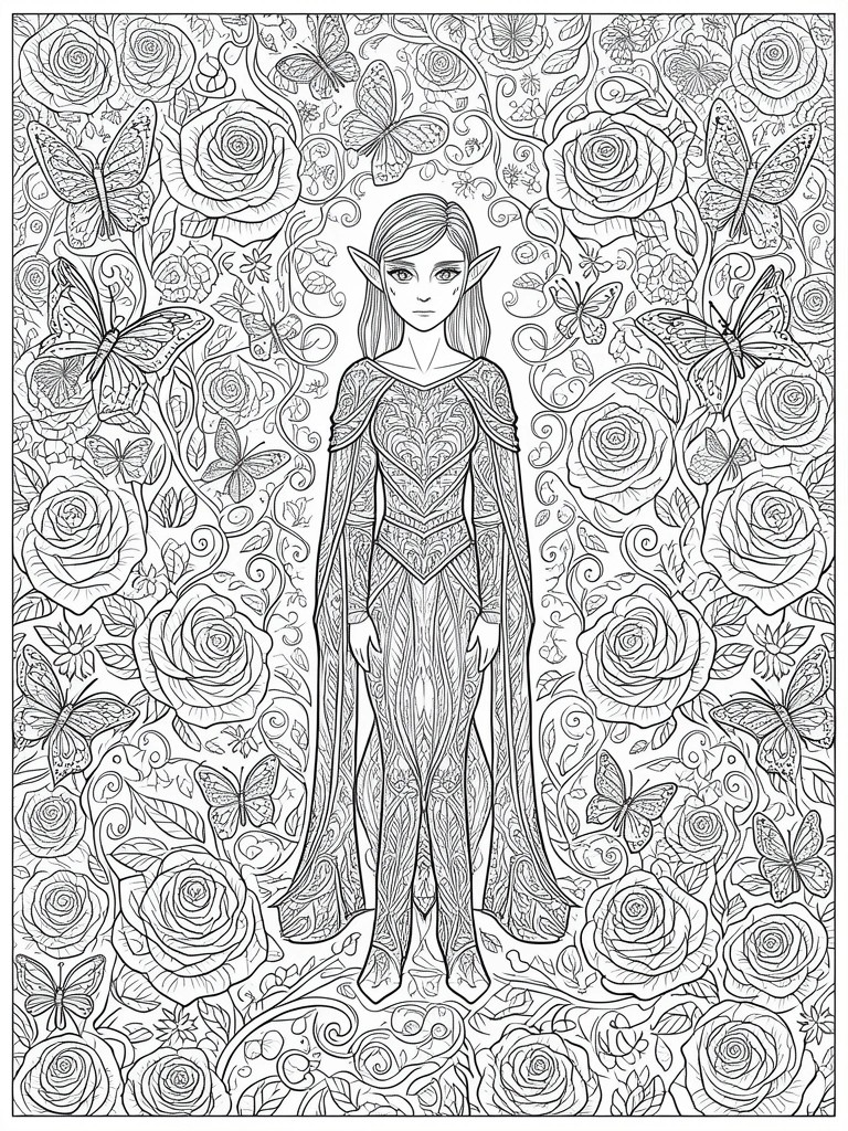 Elf in ornate fantasy gown amid roses and butterflies line art coloring page