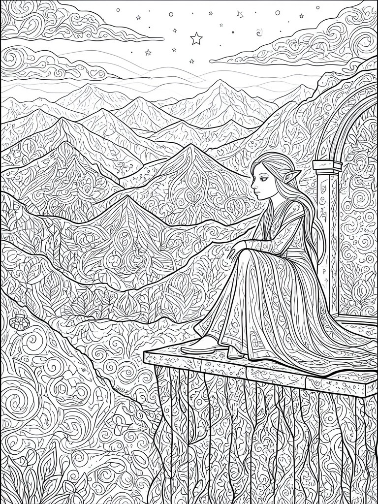 Elf woman in flowing dress on ledge overlooks intricate mountains under starry sky