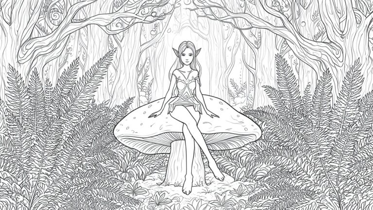 17 Magical Elf Coloring Pages Perfect for Intricate Adult Coloring Elven girl in ornate attire sits on large spotted mushroom amid forest ferns