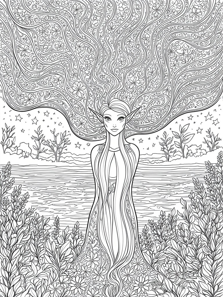 Elven woman with flowing floral hair amid plants, river, and starry sky