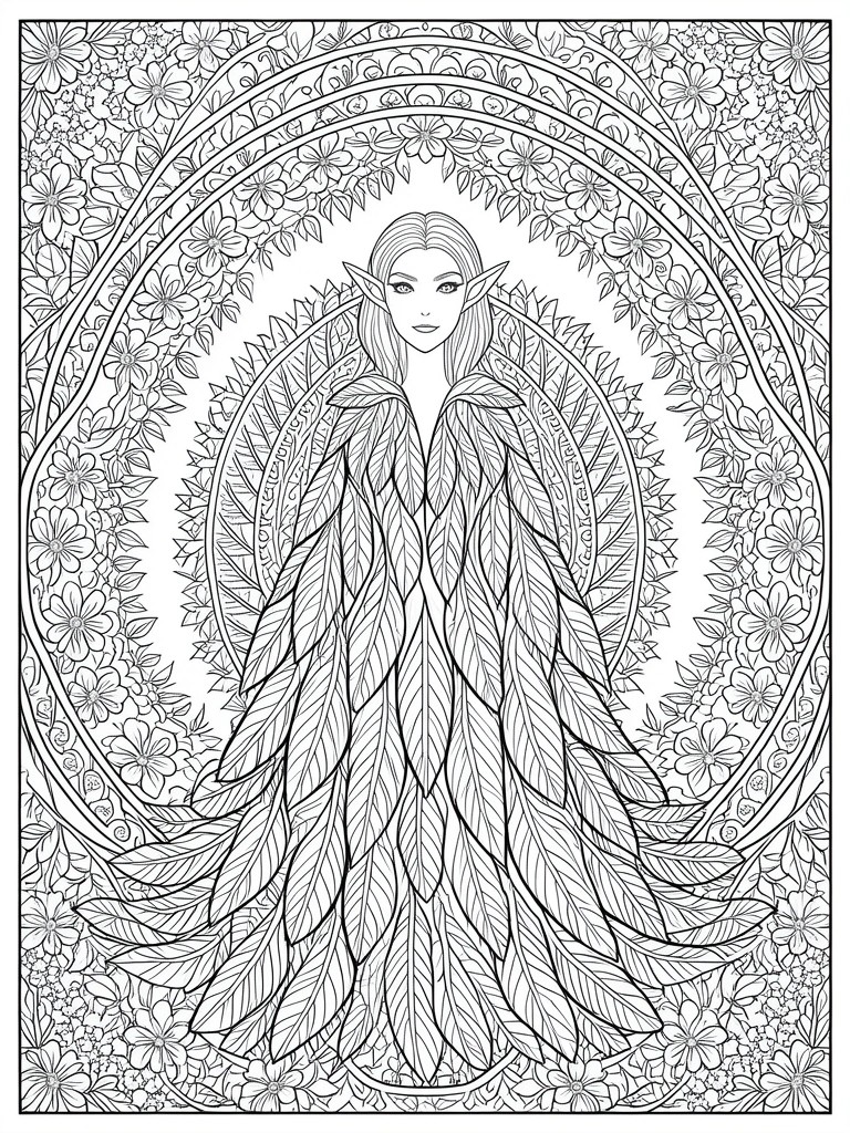 Fantasy elf in flowing leaf gown inside floral mandala circle, black and white line art.