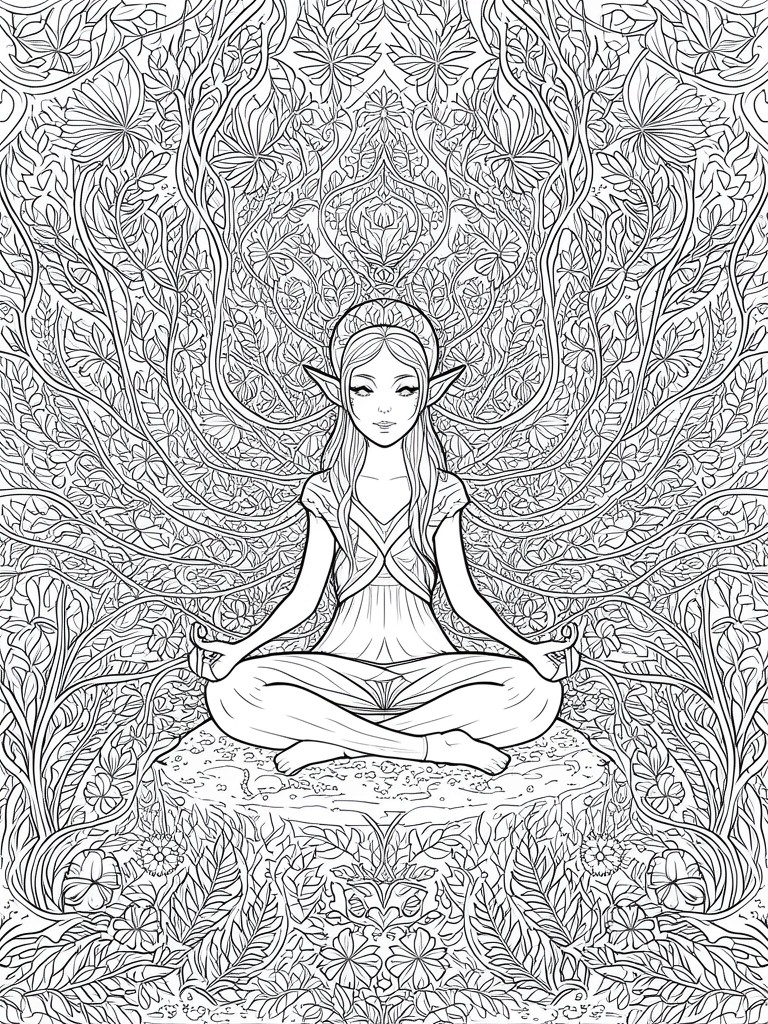 Intricate line art of an elf meditating amid symmetrical floral vines and leaves.