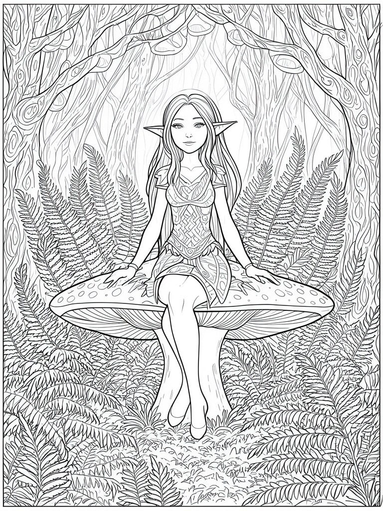 Elven girl in ornate attire sits on large spotted mushroom amid forest ferns