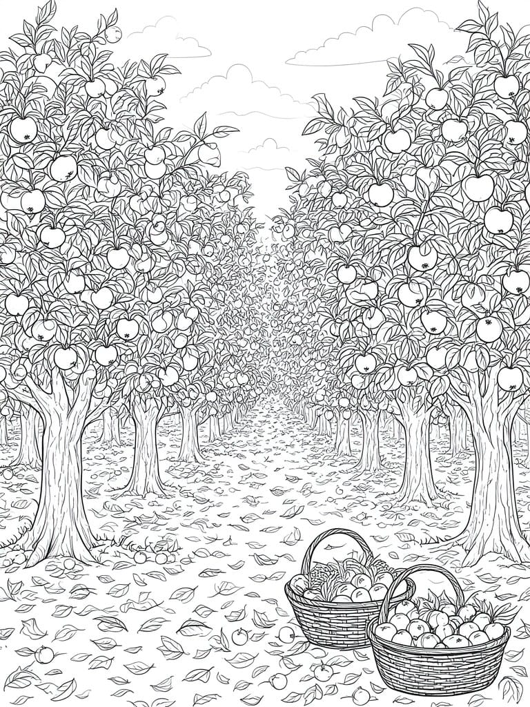 A black and white line drawing of an apple orchard with rows of trees and two baskets of apples in the foreground.