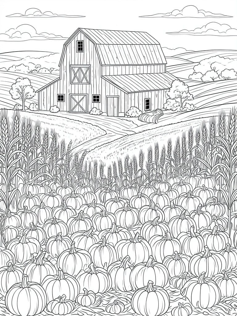 Black-and-white line art of a barn overlooking a pumpkin patch and cornfield