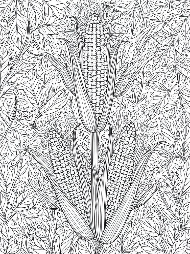 Intricate black-and-white line art of corn cobs amid leafy patterns.