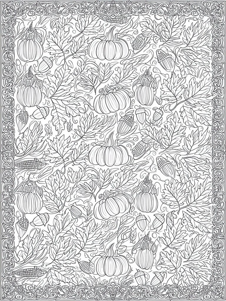 Black and white line drawing of pumpkins, acorns, corn cobs, and autumn leaves arranged in a dense overlapping pattern inside an ornate border.