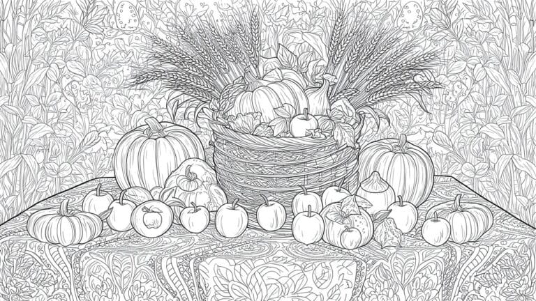 Coloring page of woven basket overflowing with pumpkins, apples, corn, and wheat stalks.