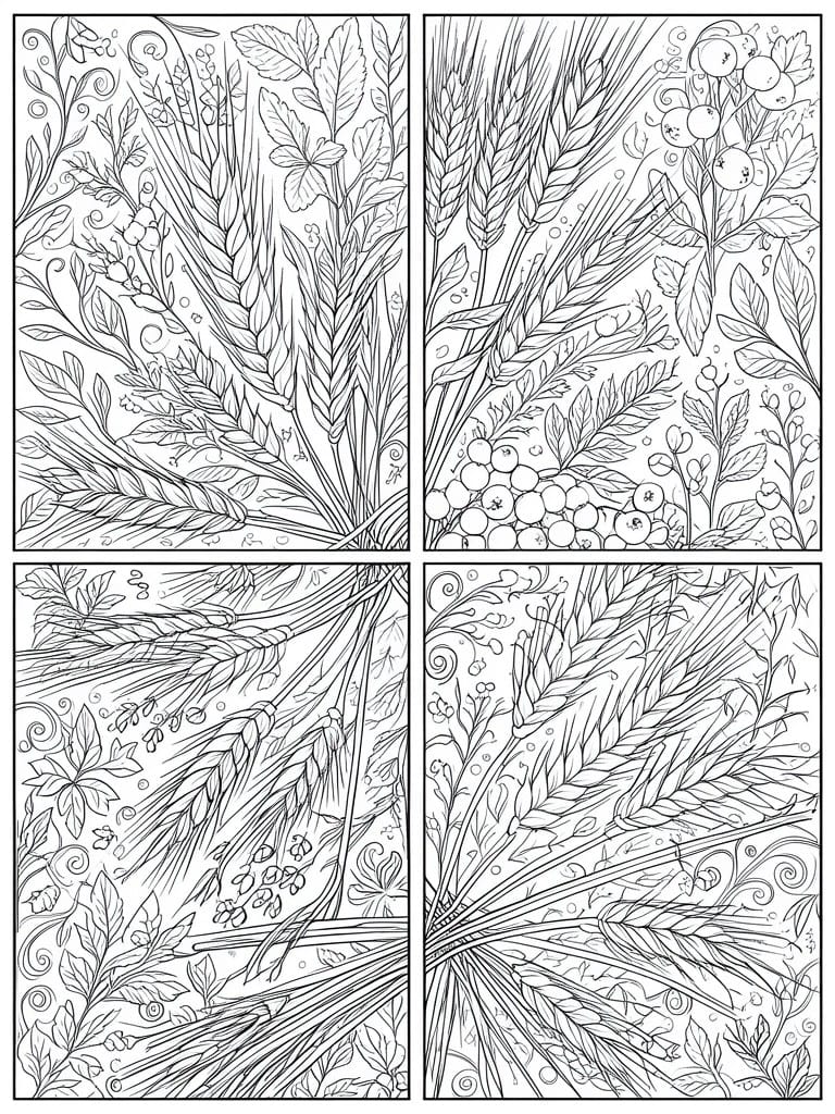 Four quadrants of detailed botanical line art with wheat, berries, and leaves.