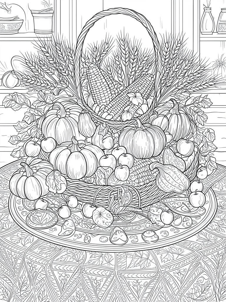 Coloring page of woven basket overflowing with pumpkins, apples, corn, and wheat stalks.