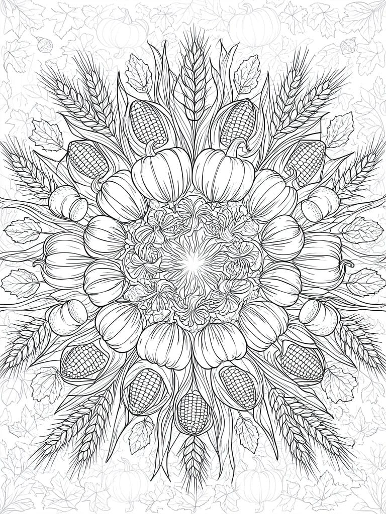 Intricate black-and-white mandala of pumpkins, corn, wheat, acorns, and autumn leaves.