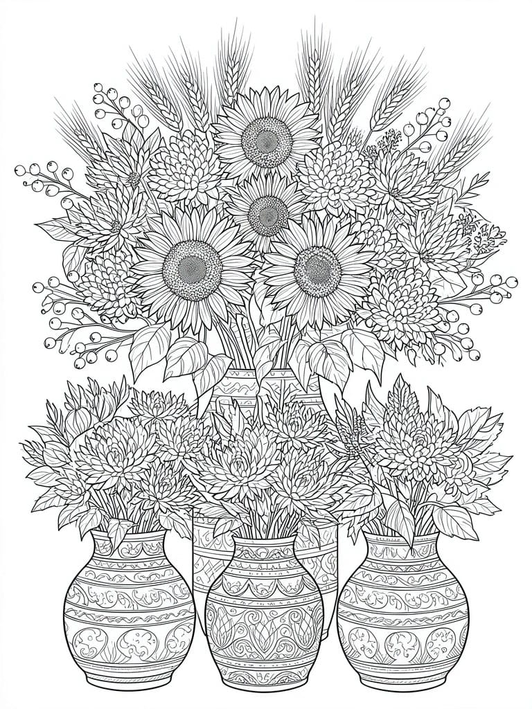 A black and white line drawing of multiple patterned vases holding sunflowers, chrysanthemums, wheat, and berries in a layered harvest arrangement.