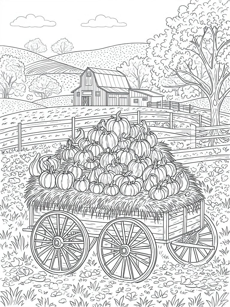 A black and white line drawing of a wagon full of pumpkins parked in front of a barn with hills, trees, and a fence in the background.