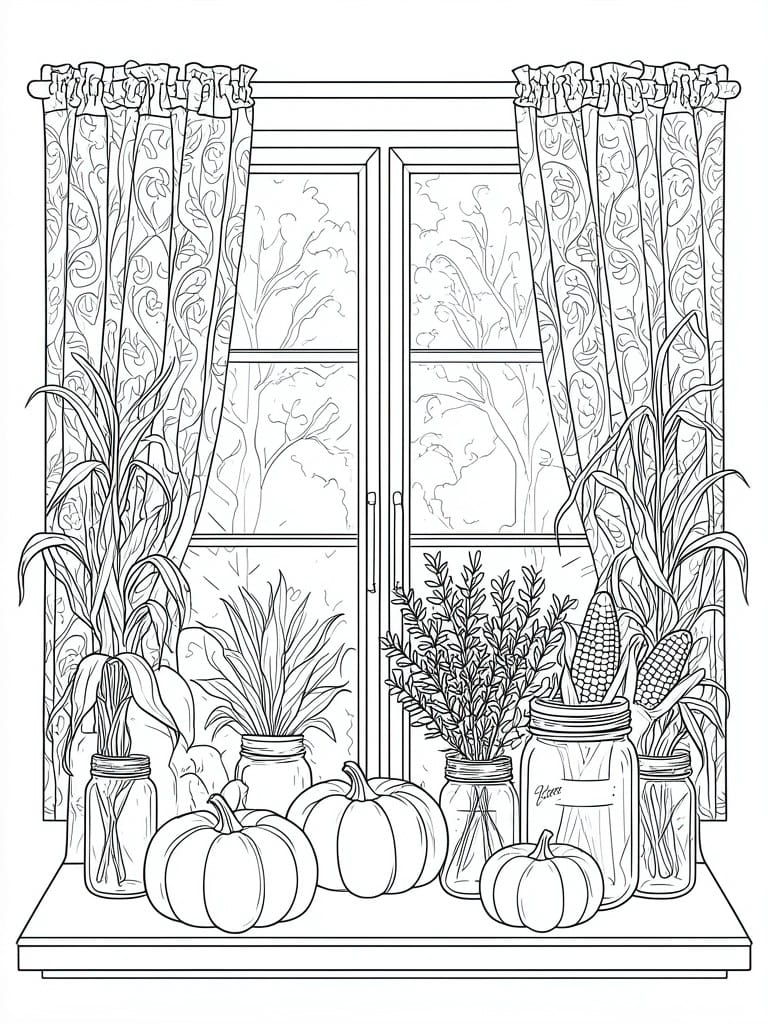 Black-and-white line art of autumn windowsill with pumpkins, corn, and mason jars