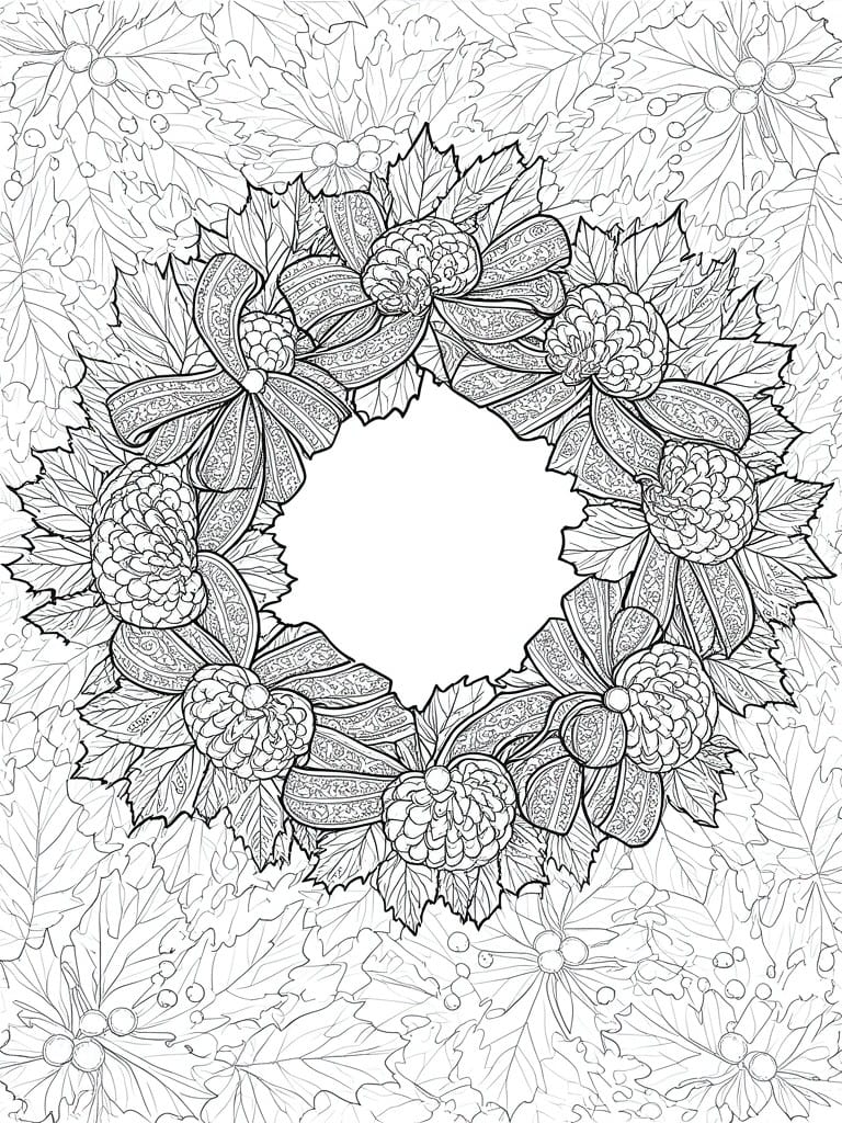 A black and white line drawing of a circular wreath with leaves, flowers, patterned bows, and berry clusters, surrounded by additional foliage.