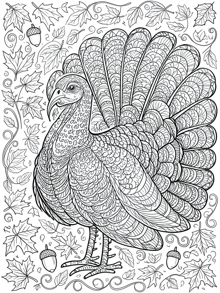A black and white line drawing of a detailed turkey with fanned feathers surrounded by autumn leaves and acorns.