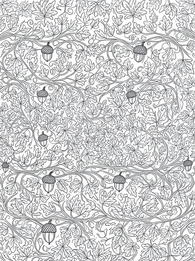 Intricate black and white pattern of swirling vines, oak leaves, and acorns.