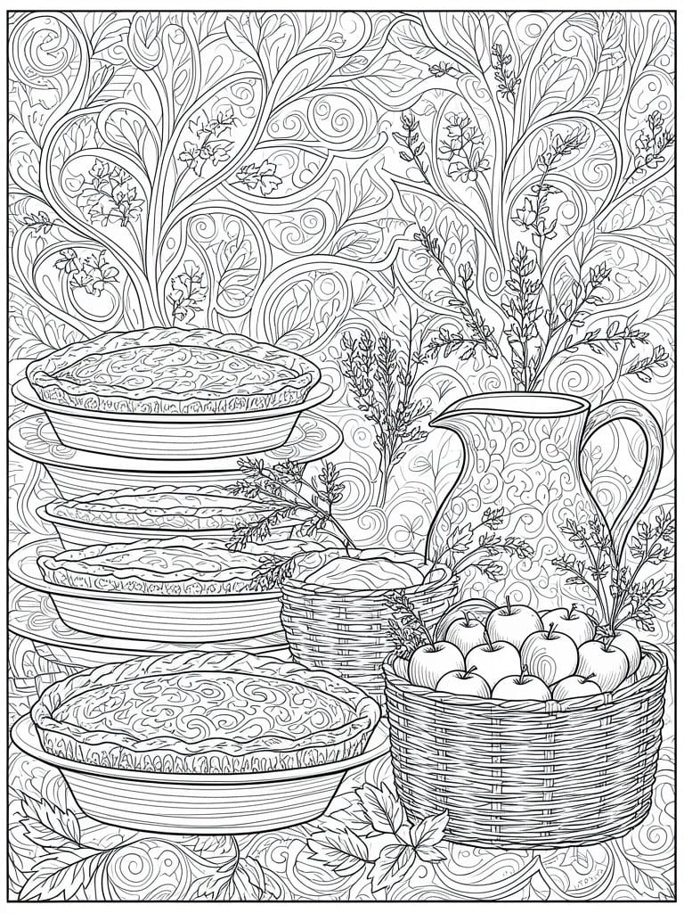 Coloring book illustration of stacked pies, apple basket, pitcher amid swirling foliage