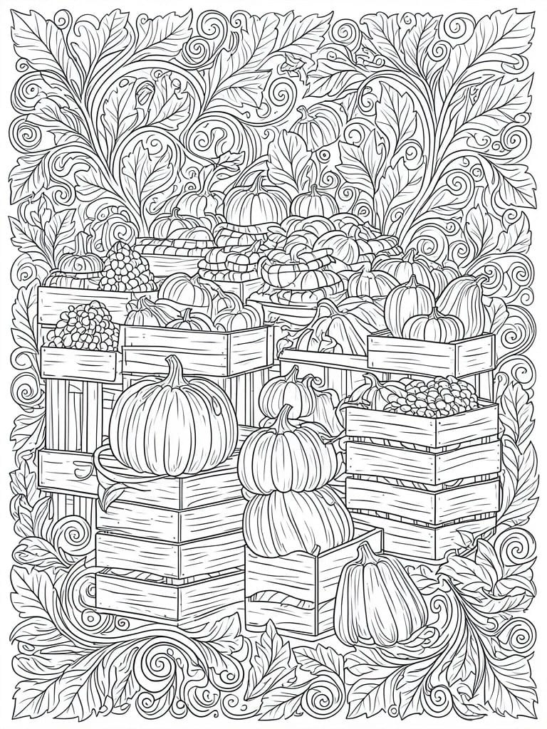 A black and white coloring page showing stacked wooden crates filled with pumpkins, framed by dense swirling leaves and vines.