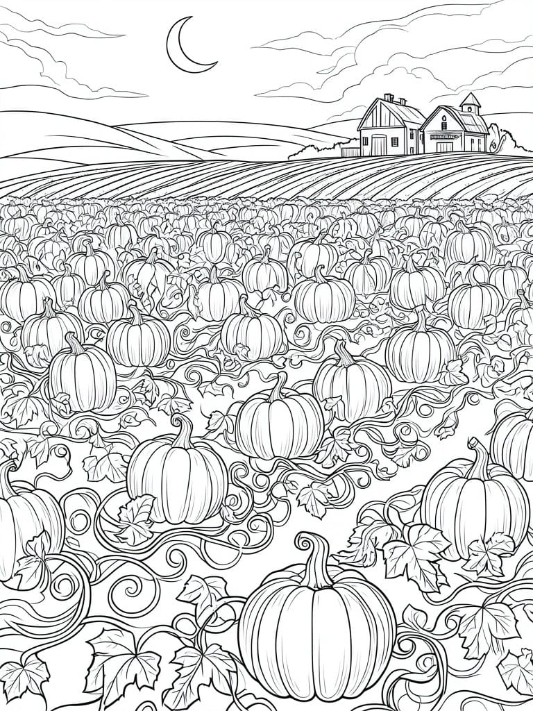 Coloring page of pumpkin patch with vines, barns, and crescent moon at night.