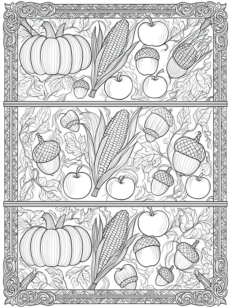 A black and white line drawing of a three-panel coloring page with pumpkins, corn, apples, acorns, and leaves in decorative frames.