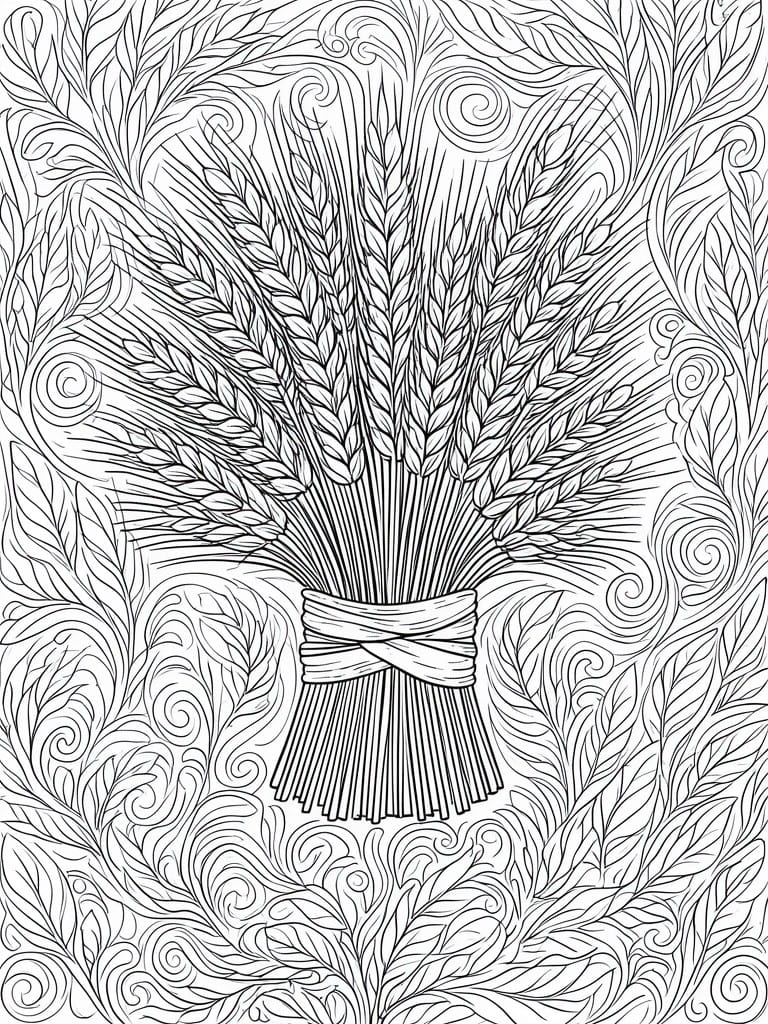 A black and white line drawing of a bundle of wheat stalks tied with a ribbon, surrounded by swirling leaves and decorative patterns.