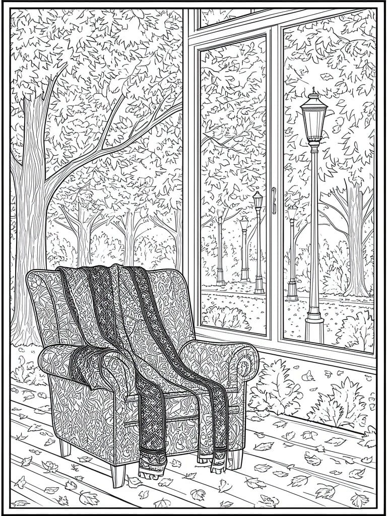 Patterned armchair with draped blanket beside window overlooking leafy park and lamps