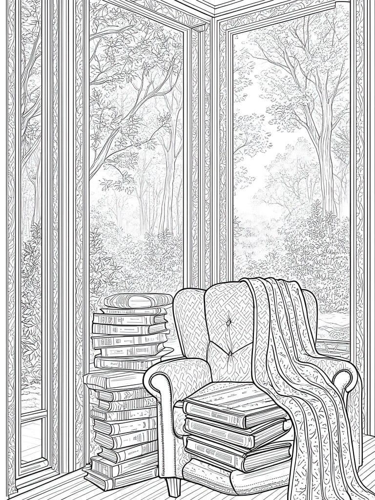 Line art of armchair with blanket and book stacks beside large forest window