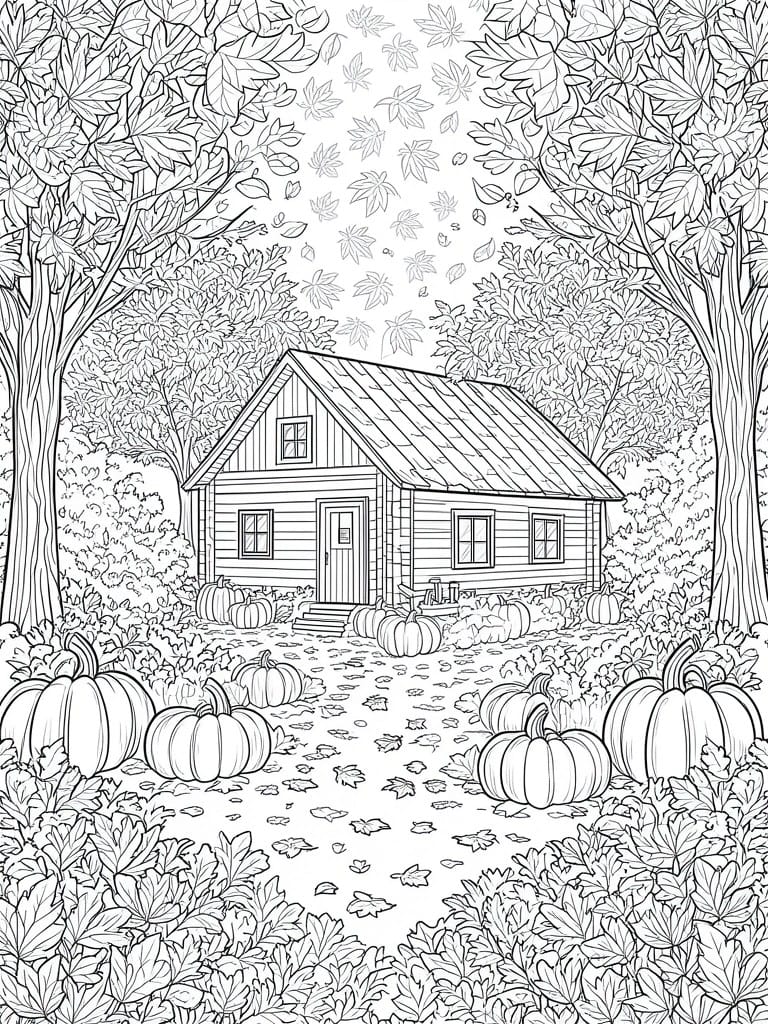 Line art of a cabin amid pumpkins, trees, and falling autumn leaves.