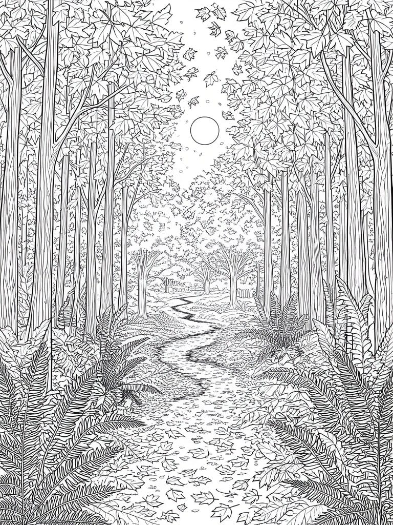 Black and white line art of winding forest path with ferns, trees, and falling leaves