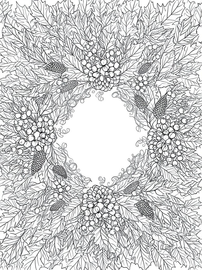 A black and white line drawing of a circular wreath made of autumn leaves, berries, and pinecones with an empty center.