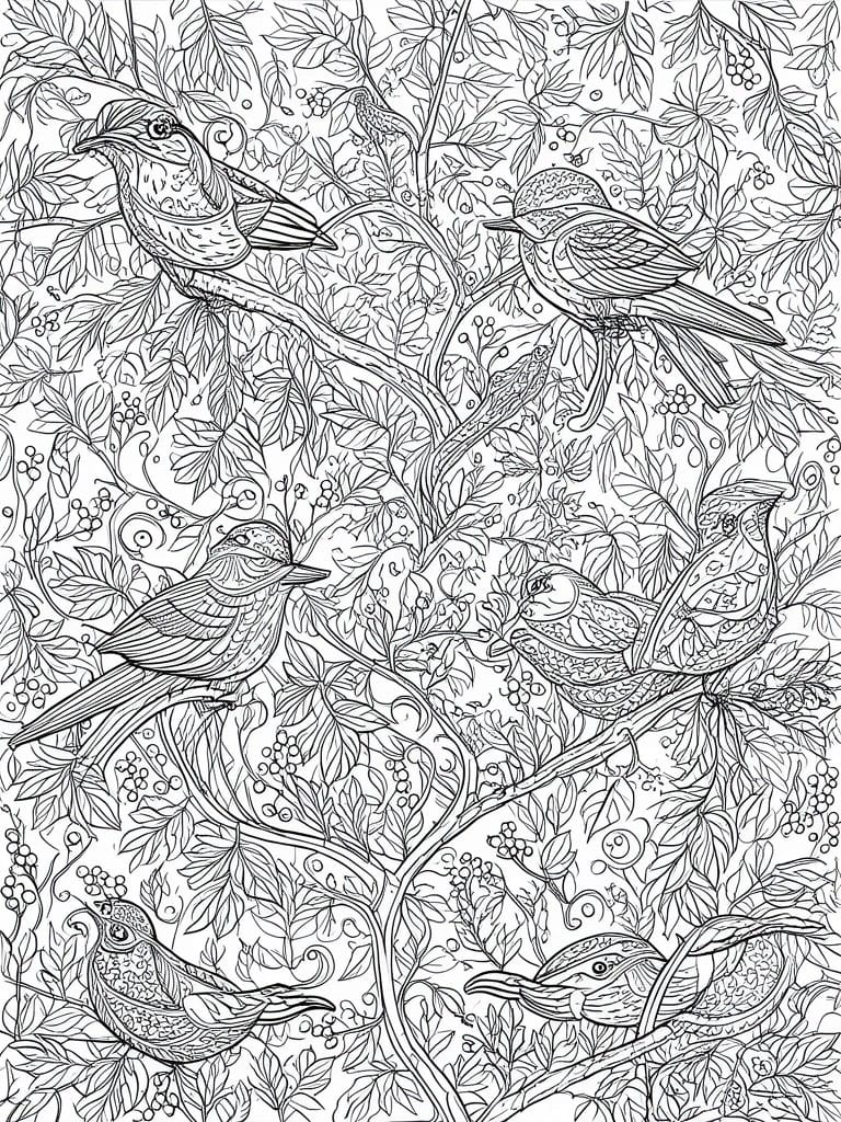 Intricate black and white line art of six patterned birds on leafy branches with berries