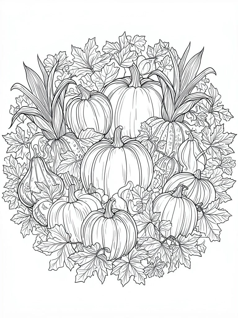 Black and white line drawing of pumpkins and autumn leaves in a circle.