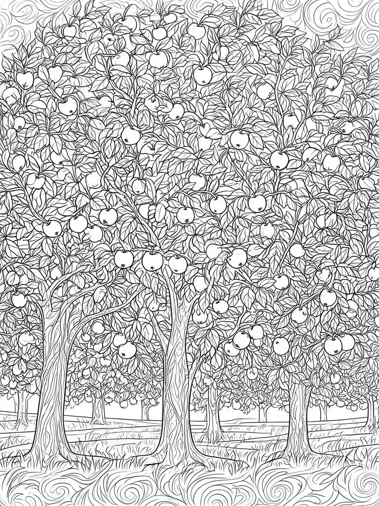 A black and white line drawing of an apple orchard showing multiple trees filled with apples and leaves.
