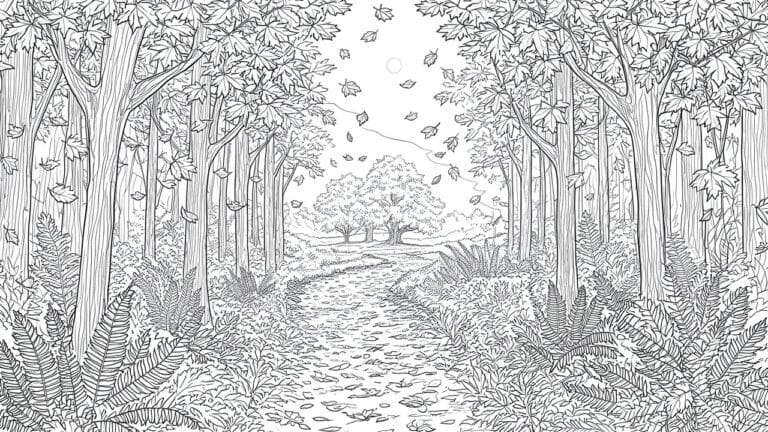 19 Beautiful Autumn Coloring Pages for Adults Designed for Relaxing Evenings Black and white line art of winding forest path with ferns, trees, and falling leaves