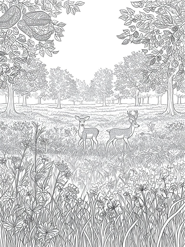 Detailed line art of two deer in a flower-filled forest meadow with trees.