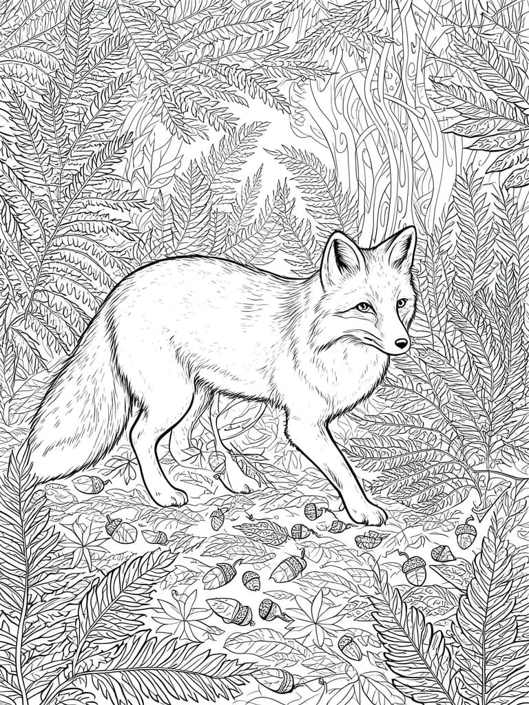 A black and white line drawing shows a fox walking through ferns and leaves with acorns scattered on the ground.