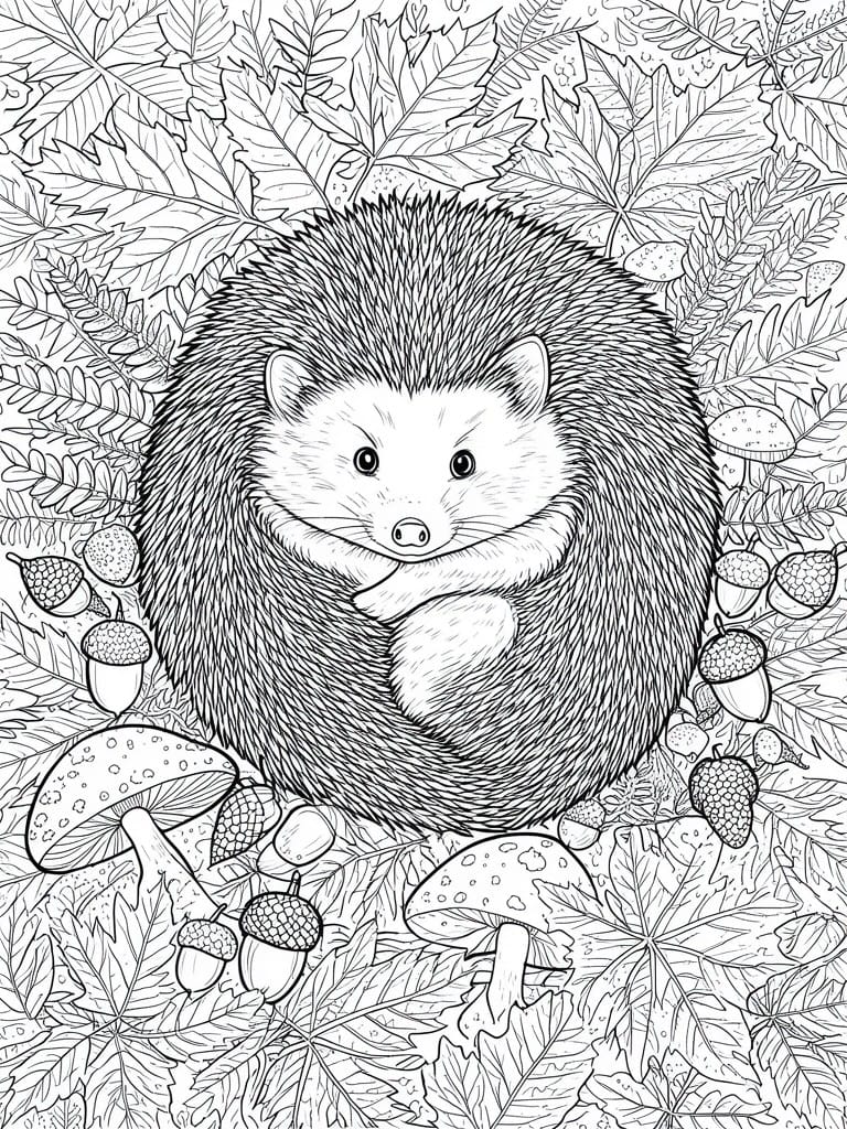 Curled hedgehog amid leaves, acorns, and mushrooms in black-and-white line art.