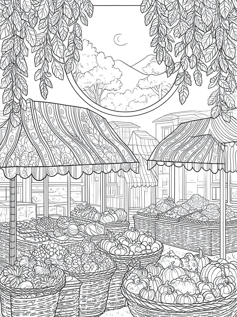 Black-and-white line drawing of nighttime market with pumpkin baskets and striped awnings.