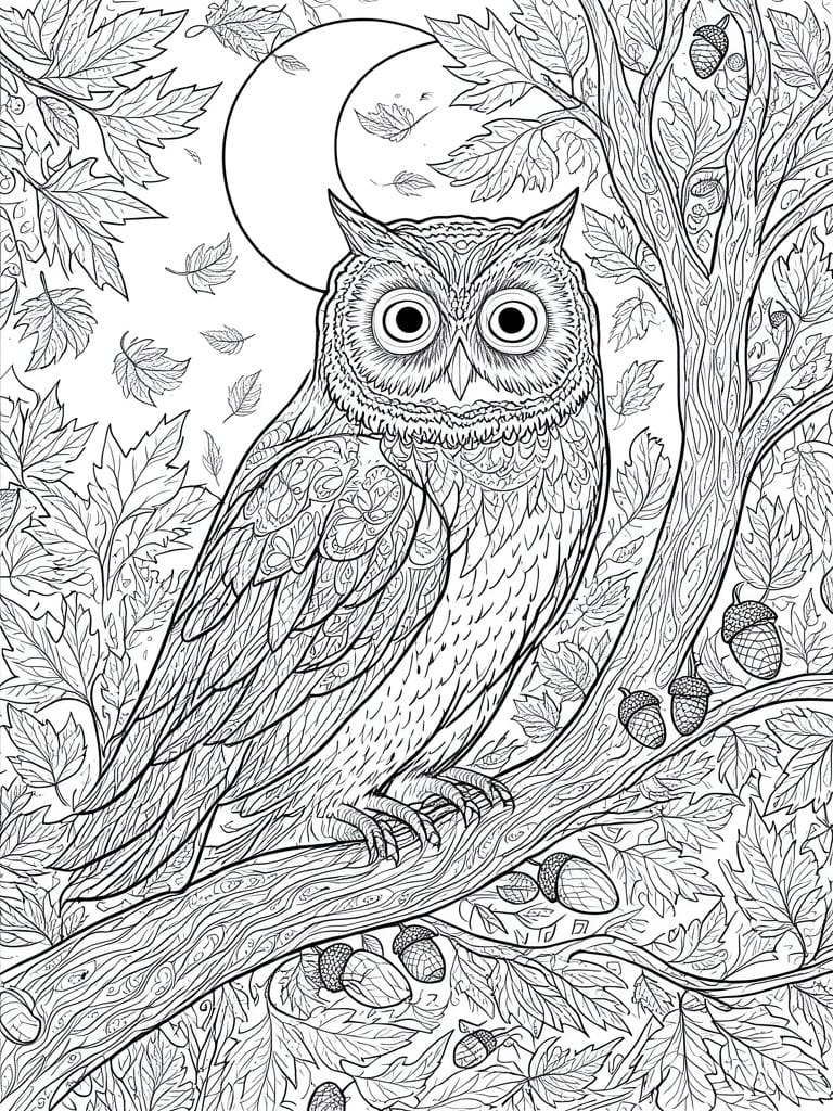 Intricate line art of an owl perched on a branch under a crescent moon.