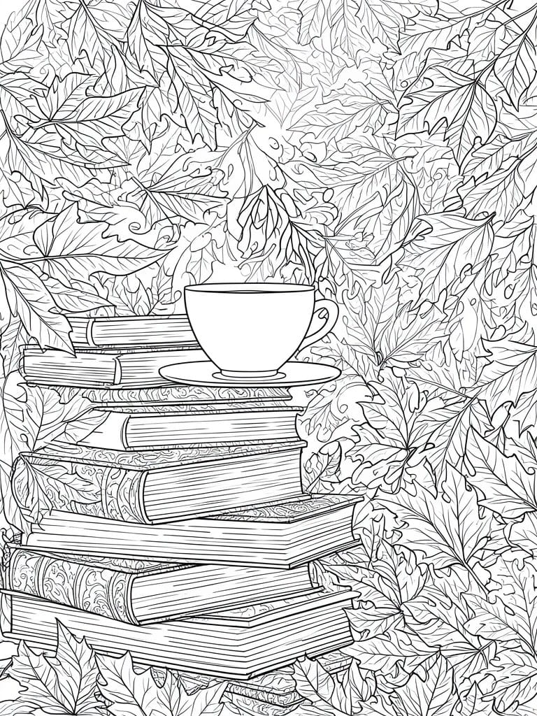 Coloring page of stacked books with teacup atop amid autumn leaves line art