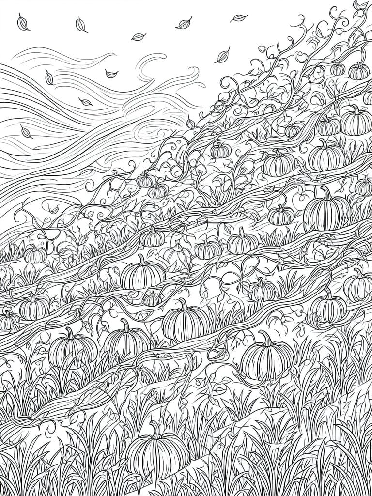 A black and white line drawing of a pumpkin patch with twisting vines, pumpkins of different sizes, grass, and falling leaves.