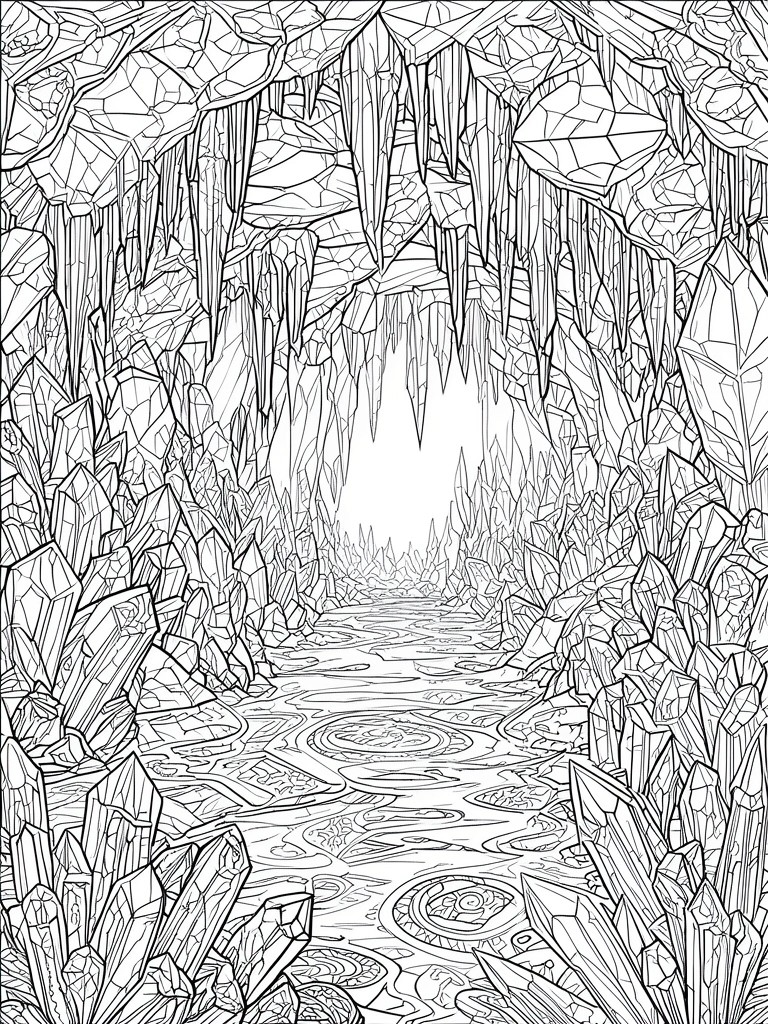 Detailed black-and-white line art of crystal cave with stalactites and winding path.