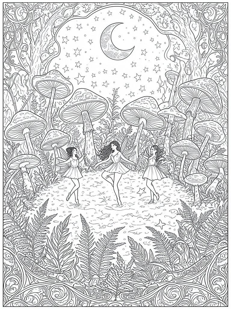 A black and white line drawing of three fairies dancing among giant mushrooms in a forest clearing with ferns, trees, a crescent moon, and stars overhead.