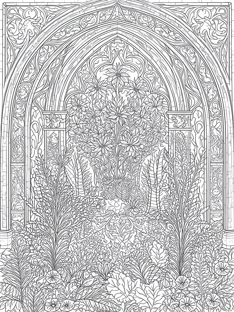 Ornate gothic arch filled with intricate floral and foliage patterns in line art