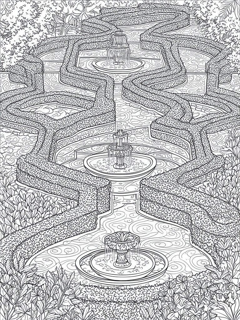 A black and white line drawing of a multi-level hedge maze with three fountains and swirling path patterns viewed from above.