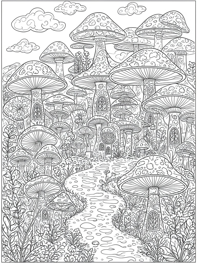 A black and white line drawing of many mushroom houses with windows along a path in a forest setting.