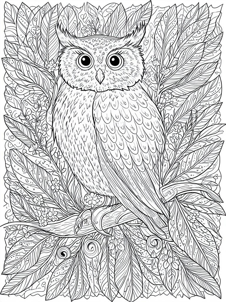 Detailed black-and-white line art of an owl perched amid leaves and flowers.