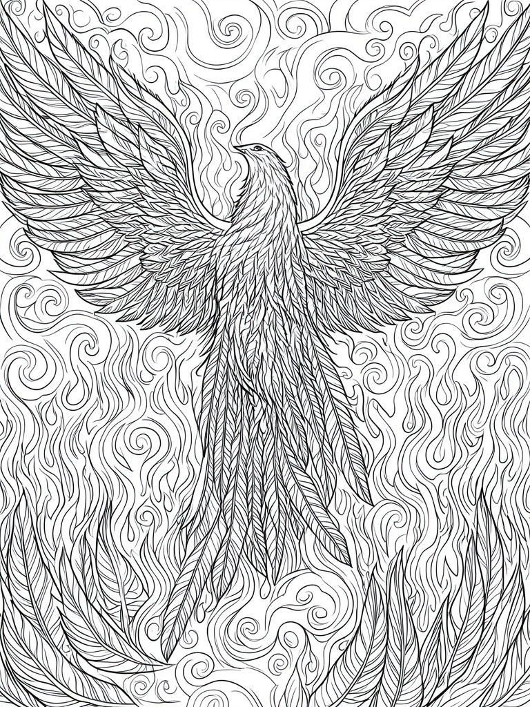 Black and white line art of a phoenix with outstretched wings and long tail feathers amid swirling flame shapes.