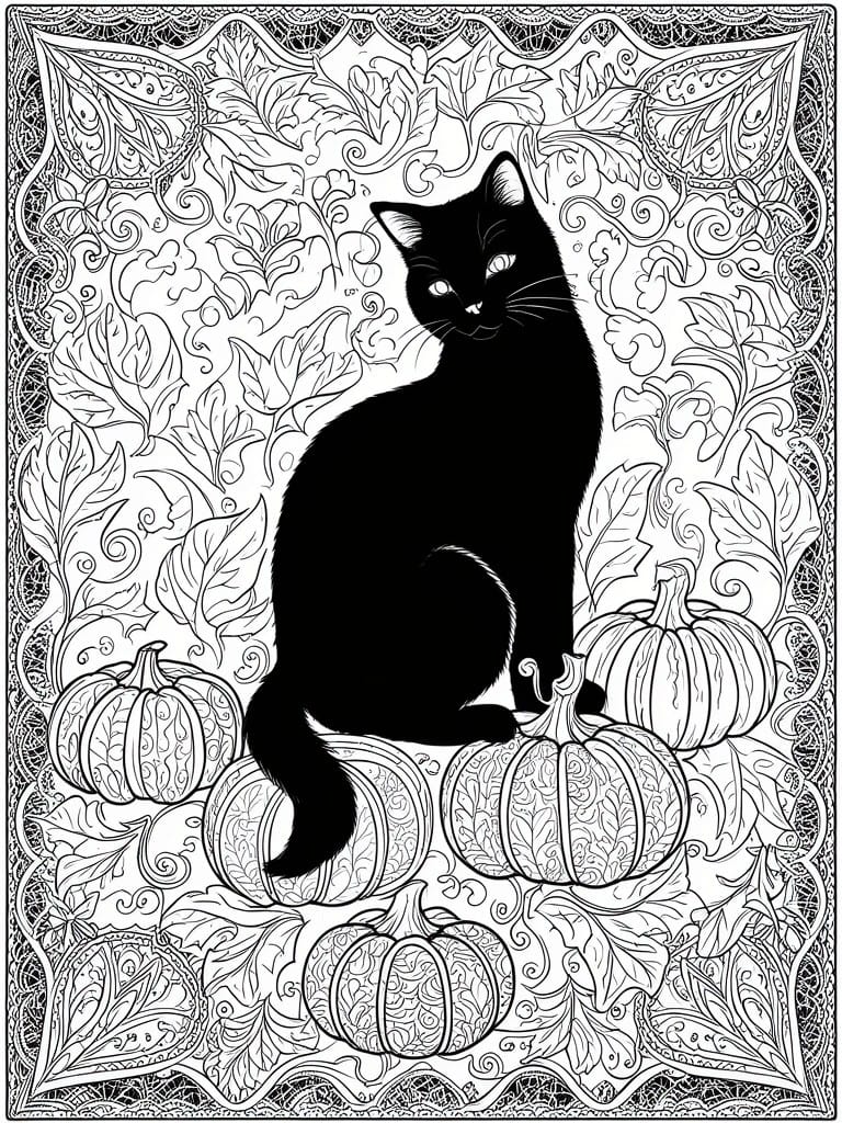 A black cat sitting among pumpkins with intricate leaf and floral patterns in the background, forming a Halloween coloring page.